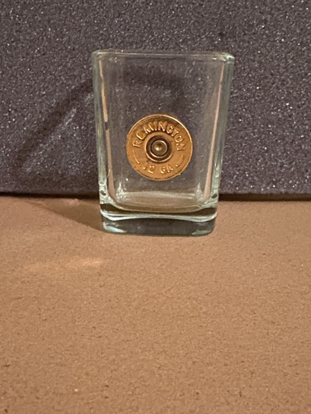 Remington Clear Square Shot Glass with Brass 12 GA Shell Accent